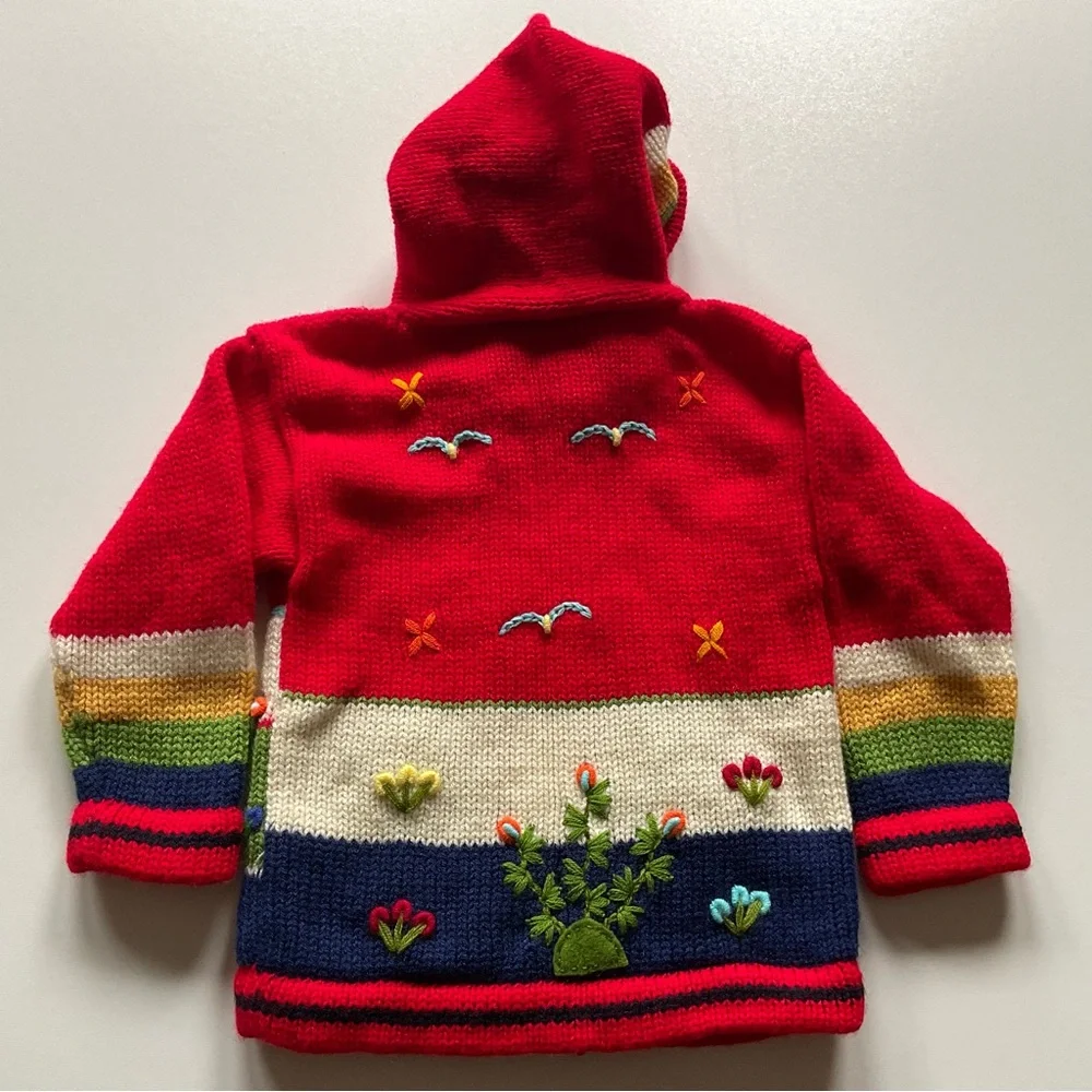 Peruvian Knit Embroidered Hooded Zip Up Red Sweater Animals Sun Toddler Sz 2
